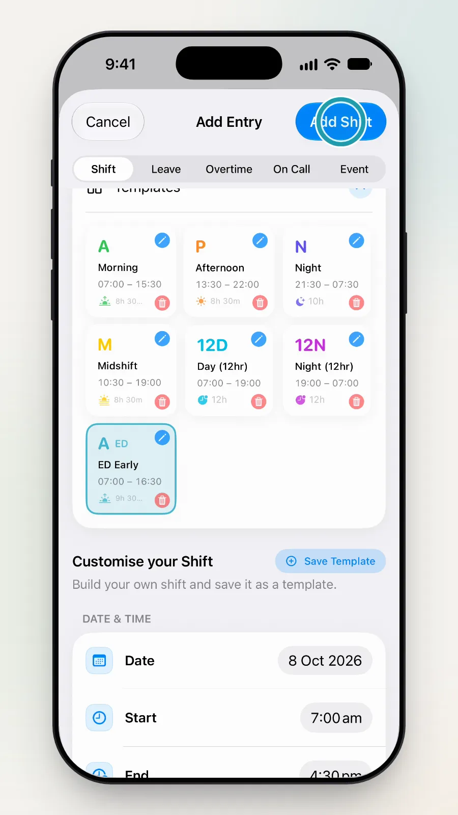 The Add Shift button at the top right being tapped.