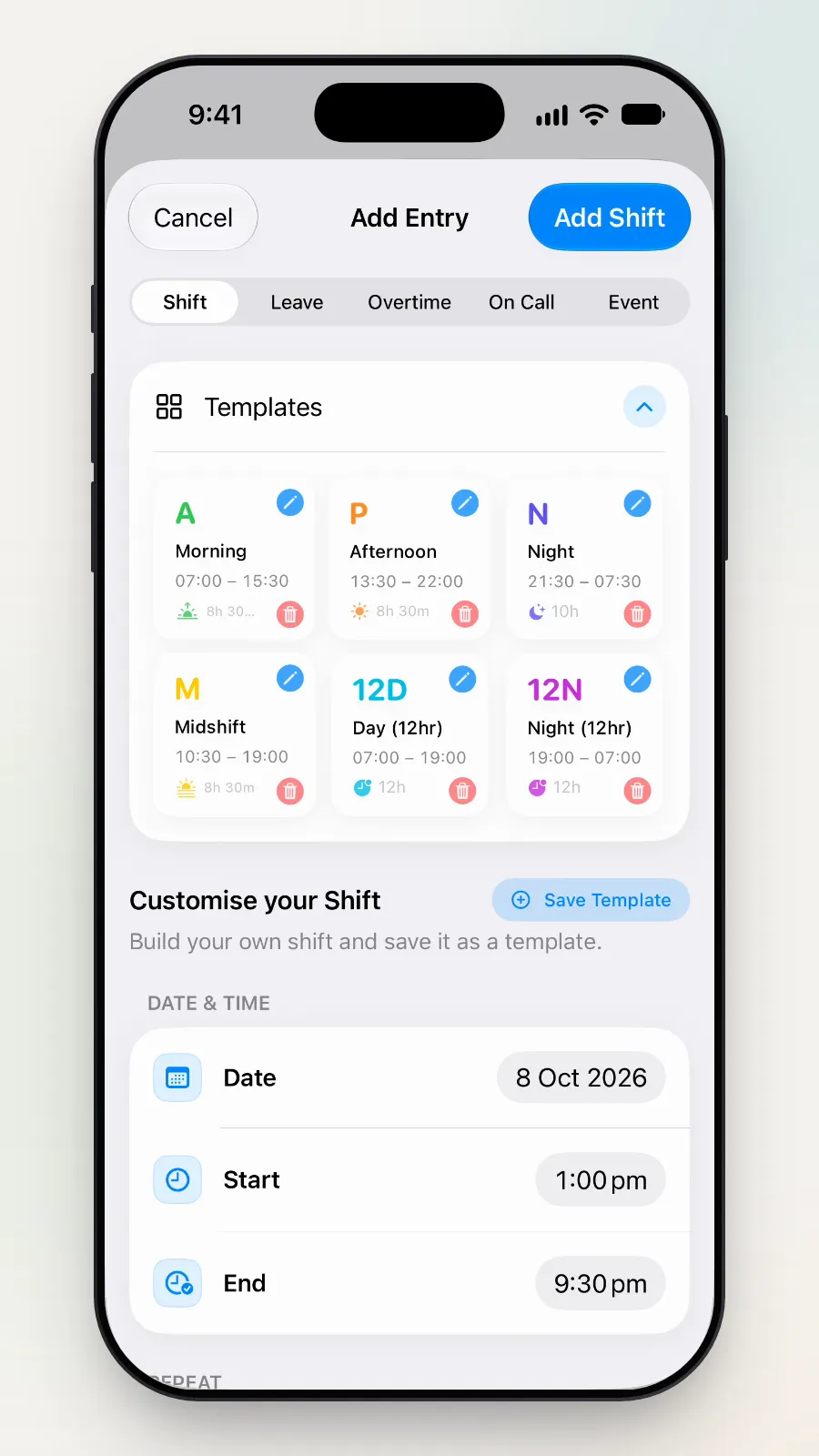 Close-up of the tabs at the top of Add Entry: Shift, Leave, Overtime, On Call and Event.