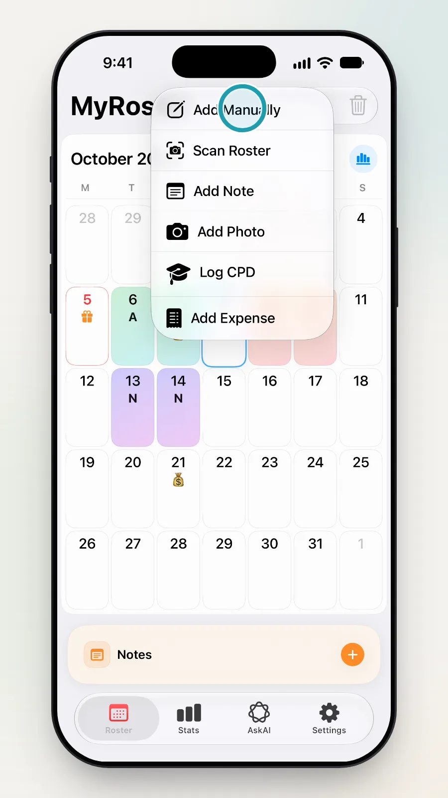 The add menu open, with Add Manually at the top being tapped.