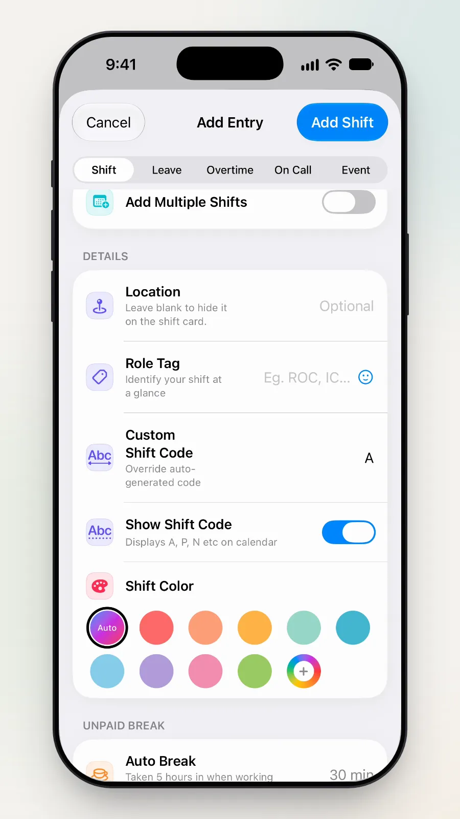 The Details section: Location, Role Tag, Custom Shift Code, Show Shift Code and Shift Color.