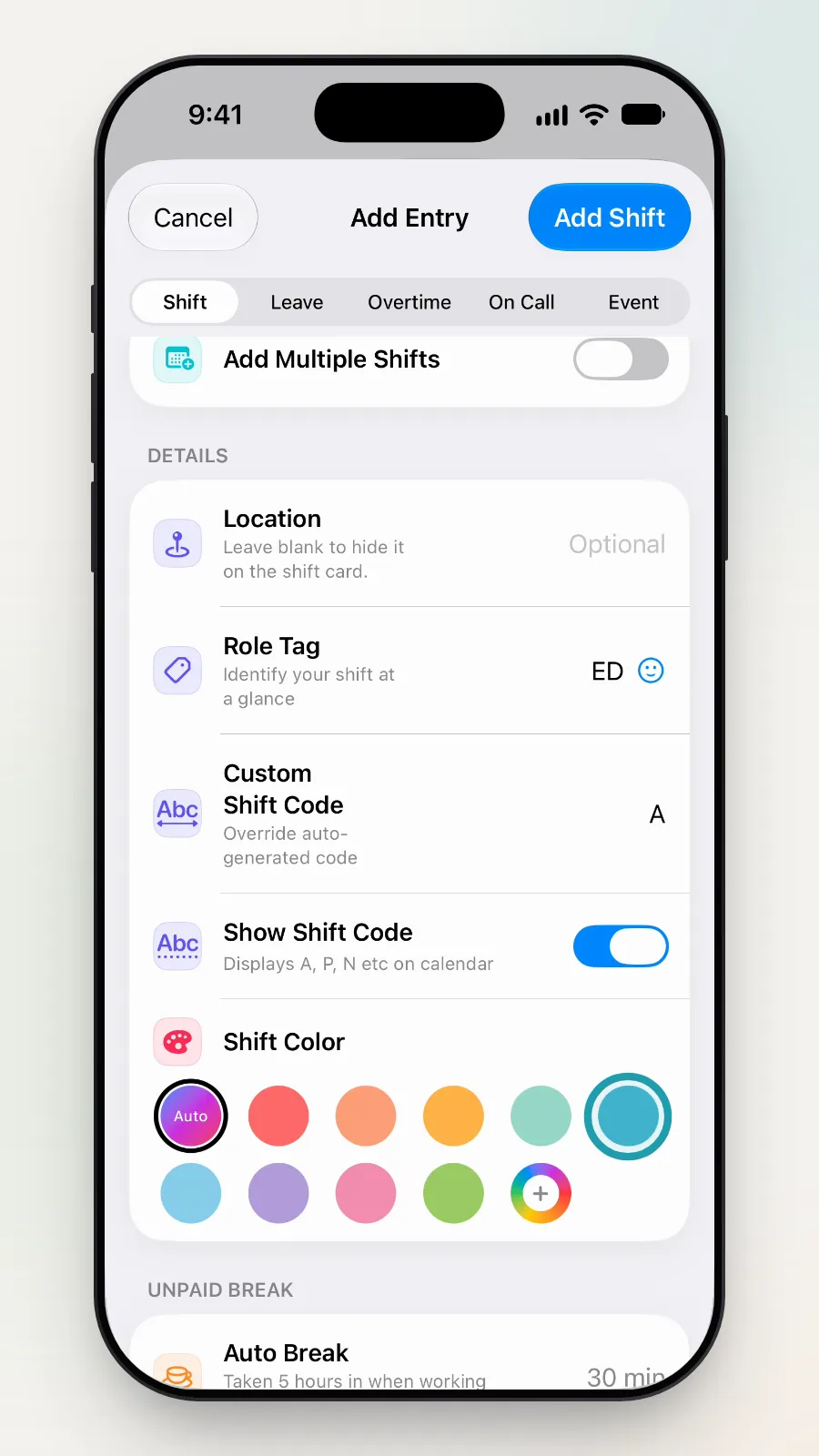 The Shift Color choices, with the teal circle being tapped.