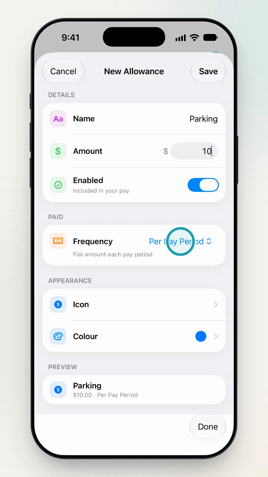 The Frequency menu open, with Per Shift being chosen.