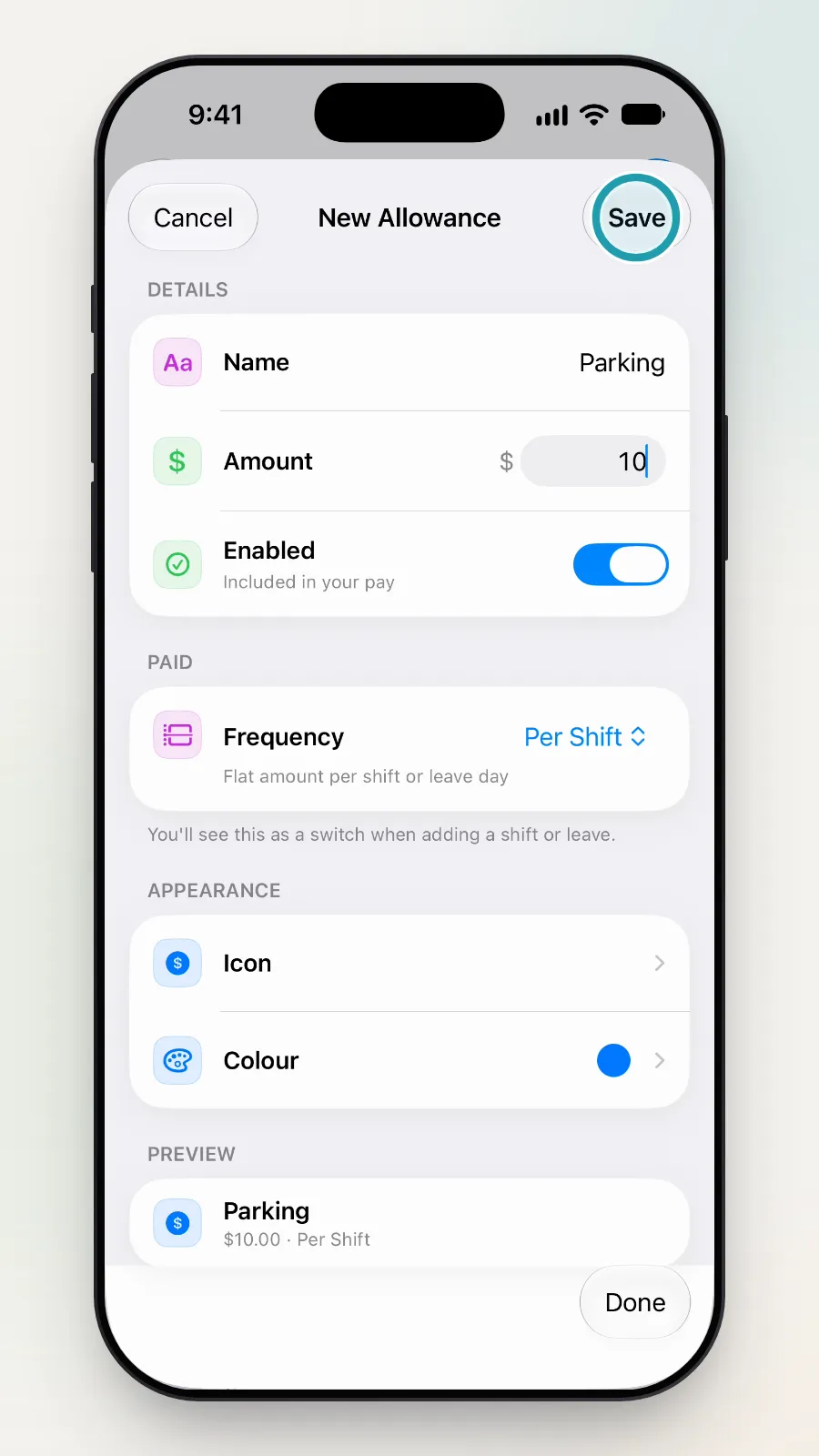 The Save button at the top right being tapped.