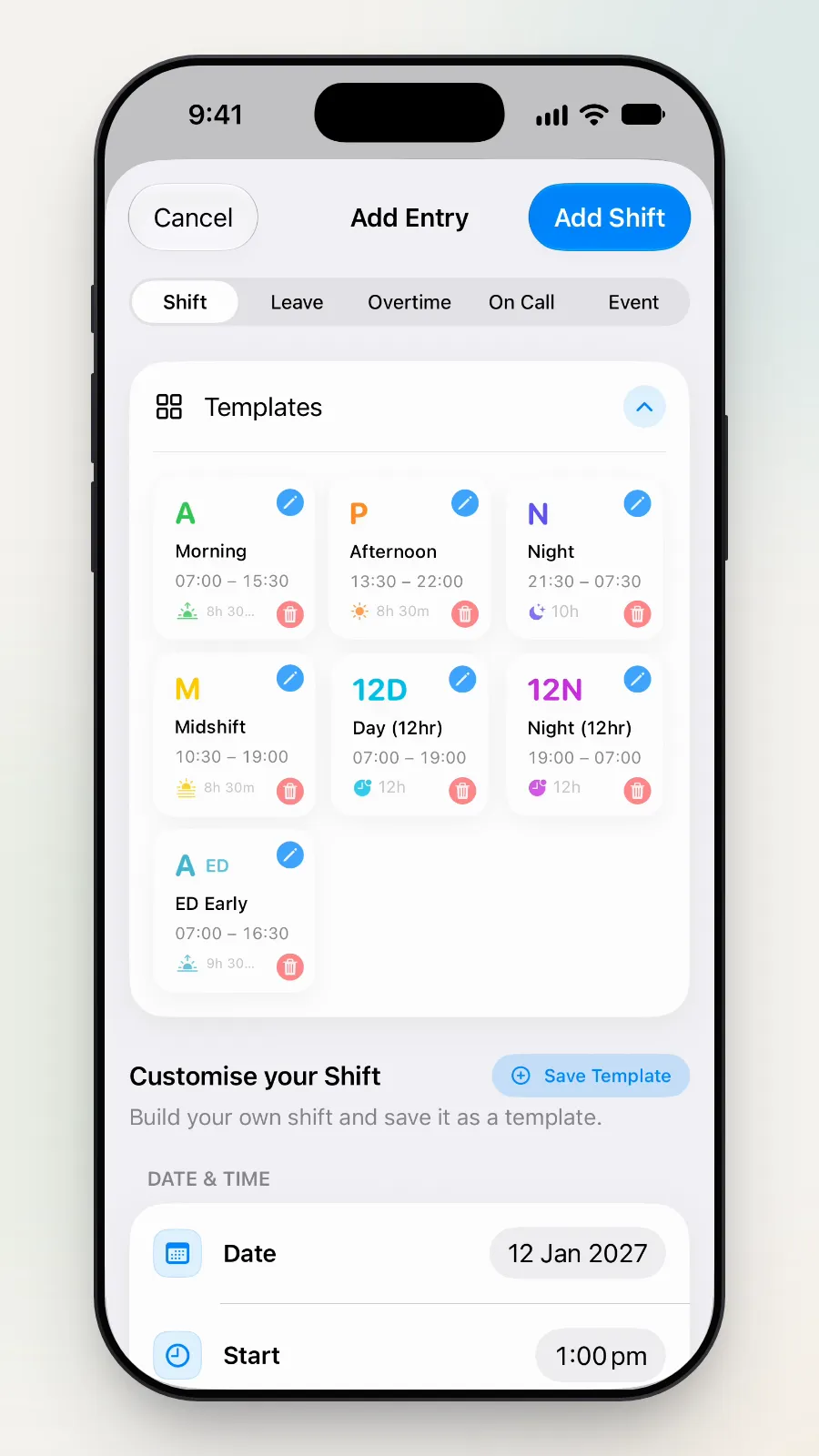 Close-up of the tabs at the top of Add Entry: Shift, Leave, Overtime, On Call and Event.