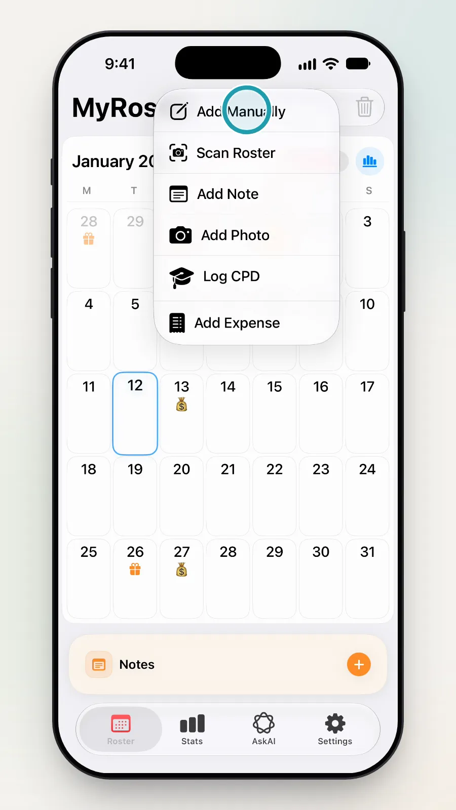The add menu, with Add Manually being tapped.