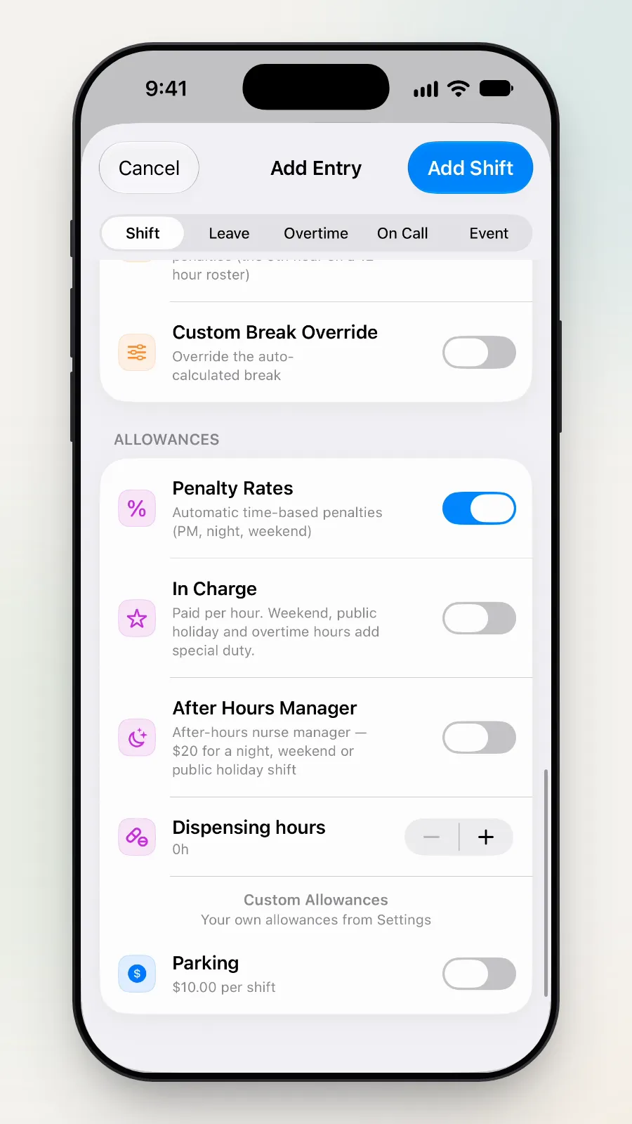 The shift's Allowances near the bottom of the Add Entry form.