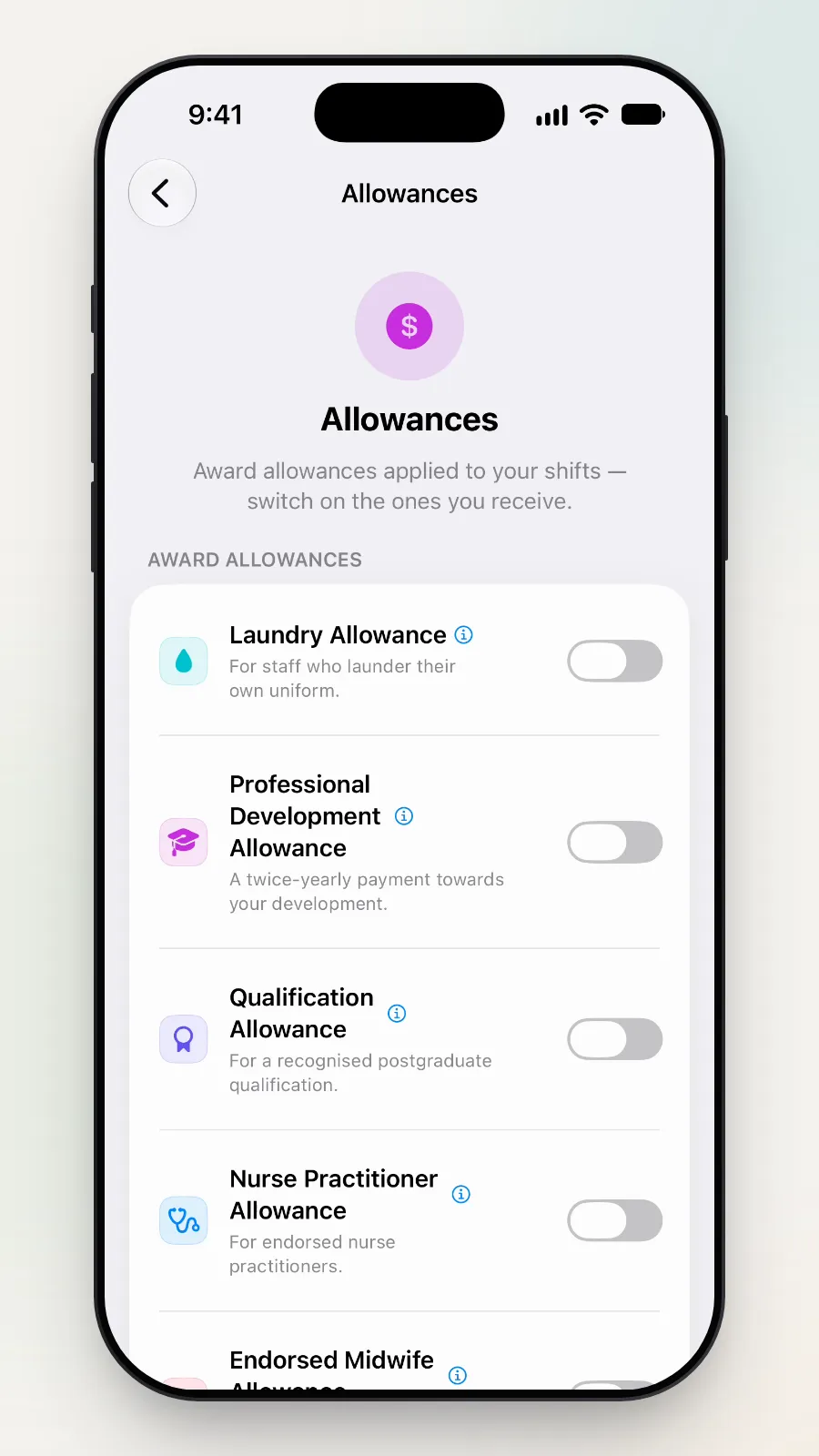 The Allowances page: "Award allowances applied to your shifts — switch on the ones you receive."