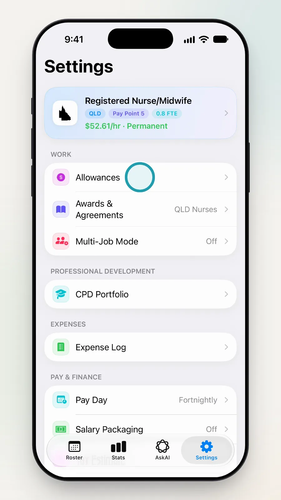 Settings, with the Allowances row under Work being tapped.