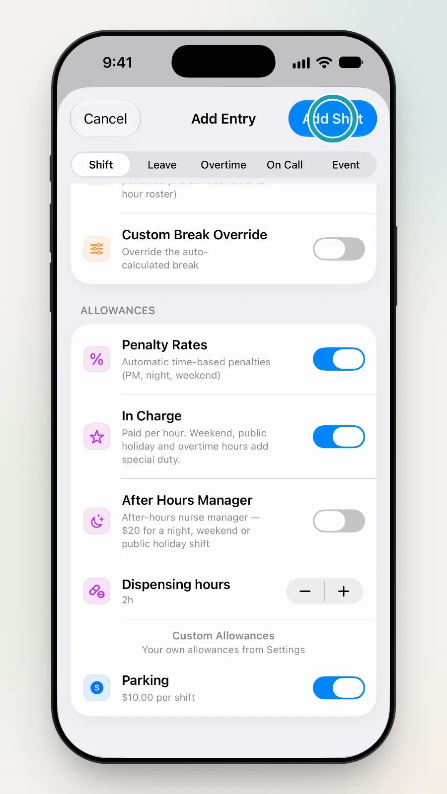 The Add Shift button at the top right being tapped.