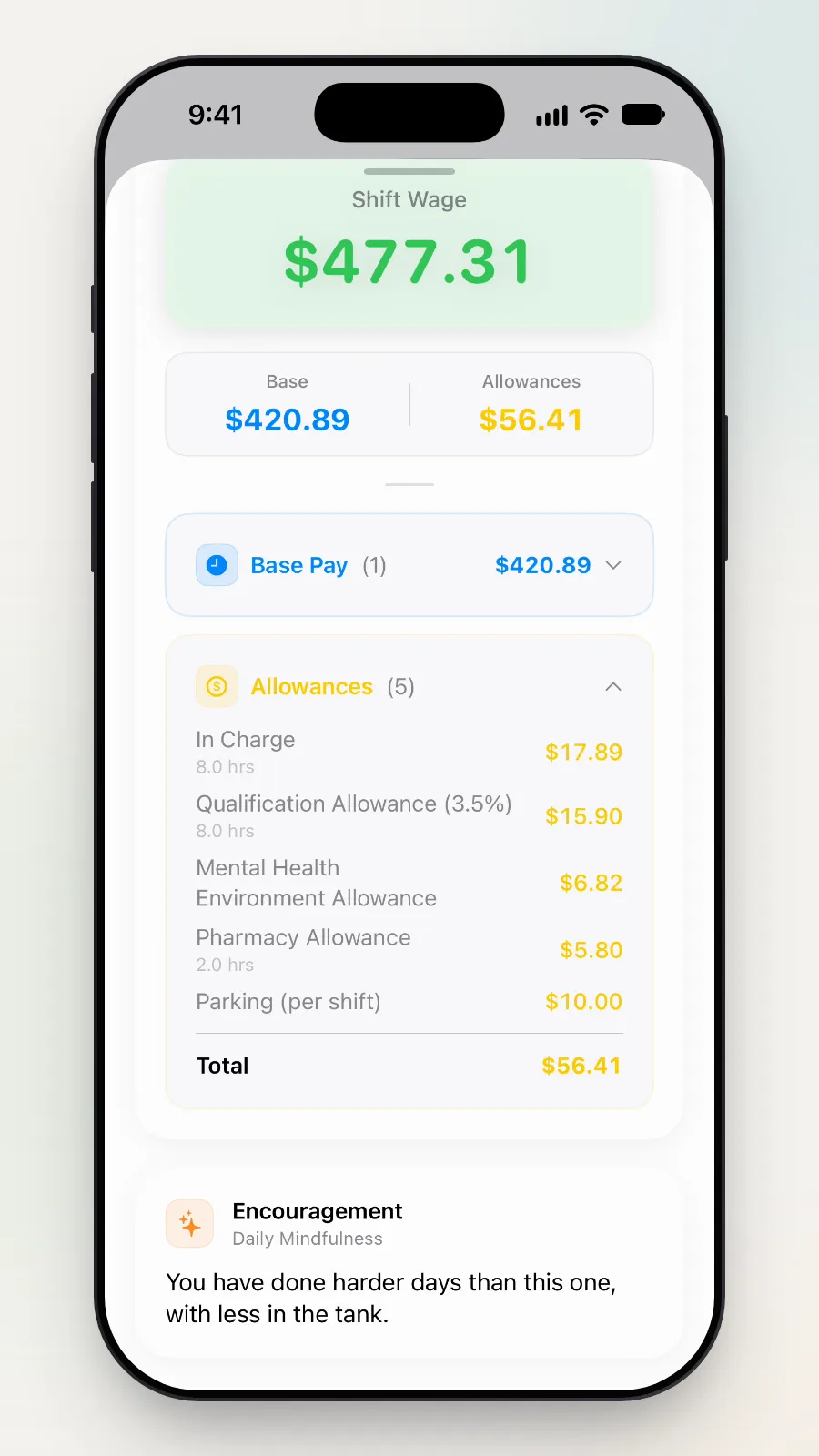 The shift's allowances: In Charge $17.89, Qualification Allowance $15.90, Mental Health Environment Allowance $6.82, Pharmacy Allowance $5.80, Parking $10.00, Total $56.41.