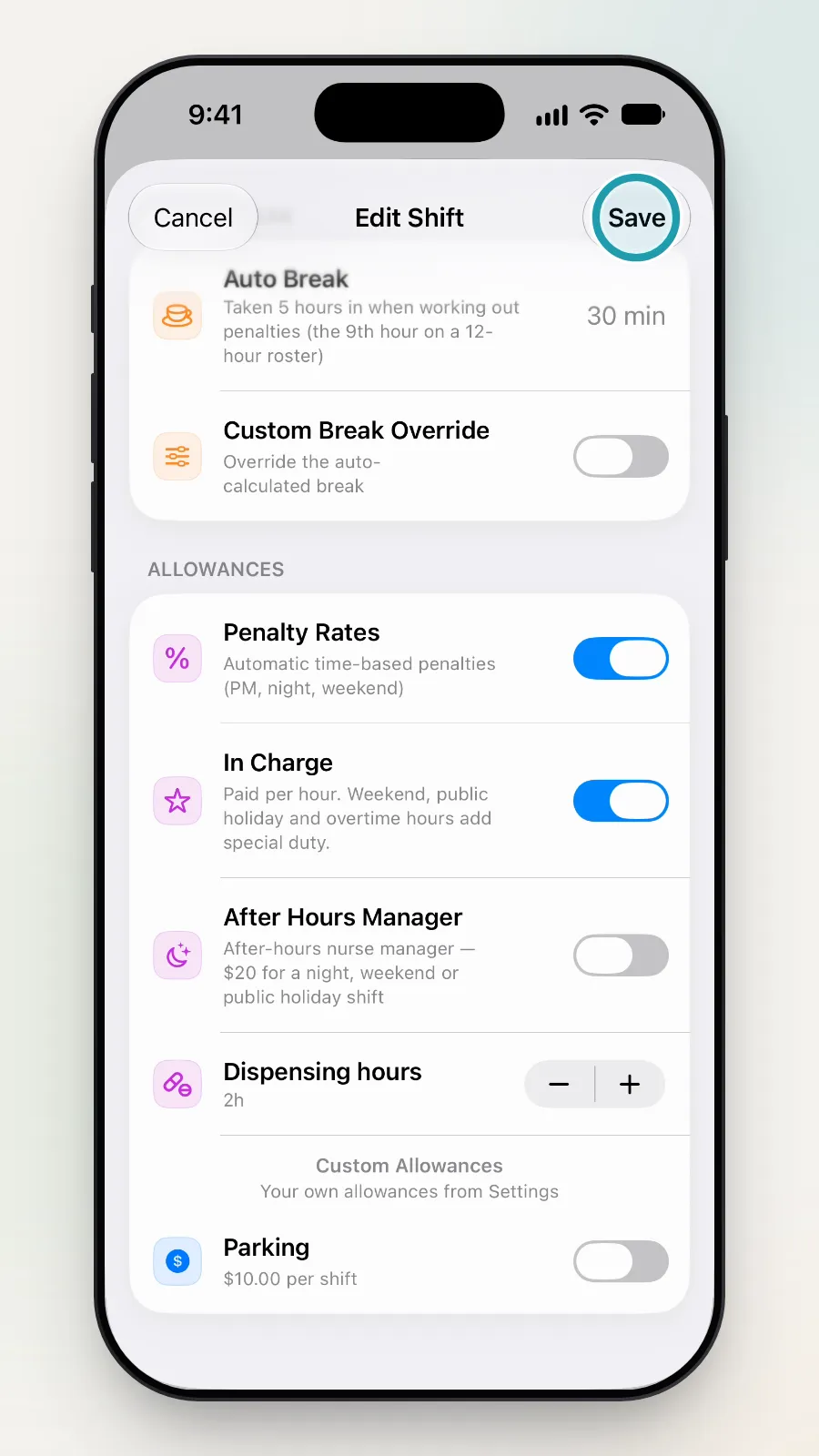 The Save button at the top right of Edit Shift being tapped.