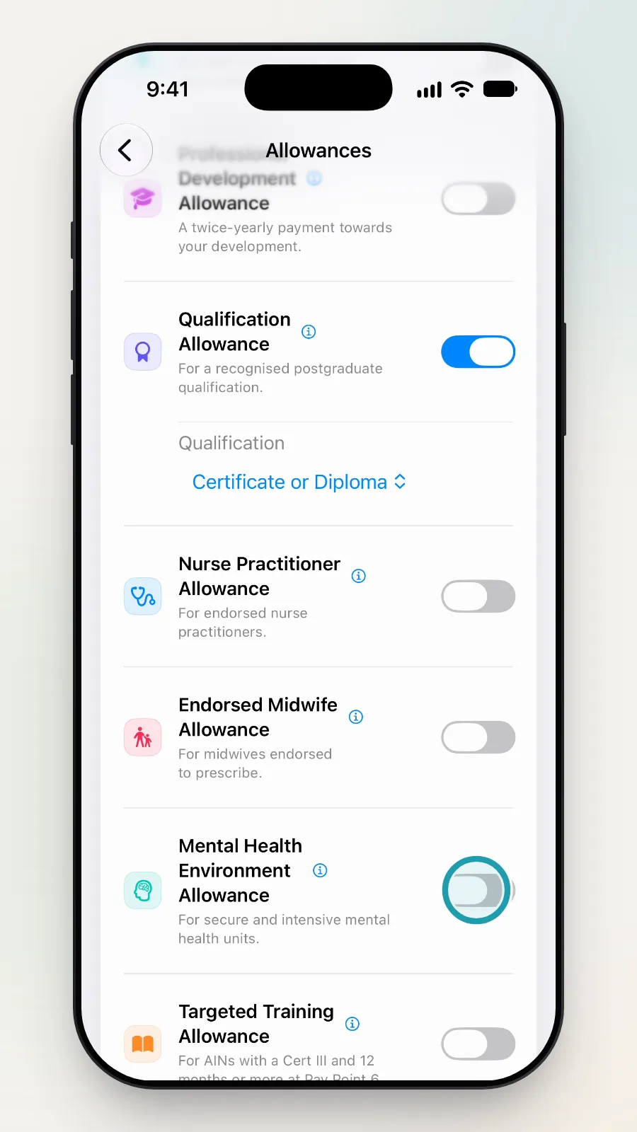 The Mental Health Environment Allowance switch being tapped.