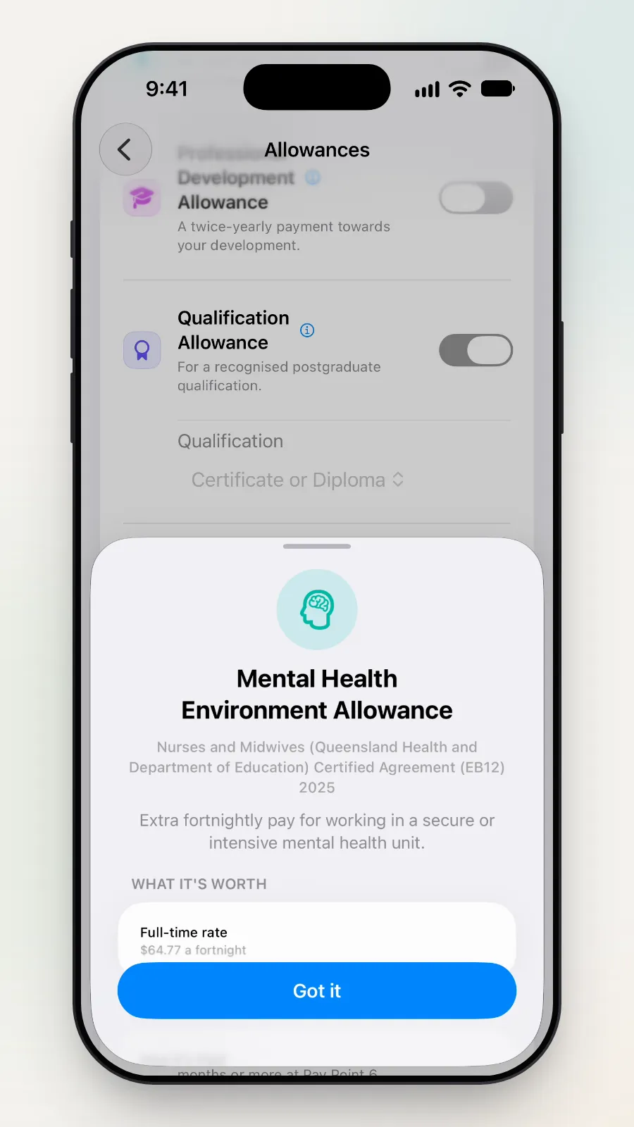 The Mental Health Environment Allowance information box with its full-time rate.