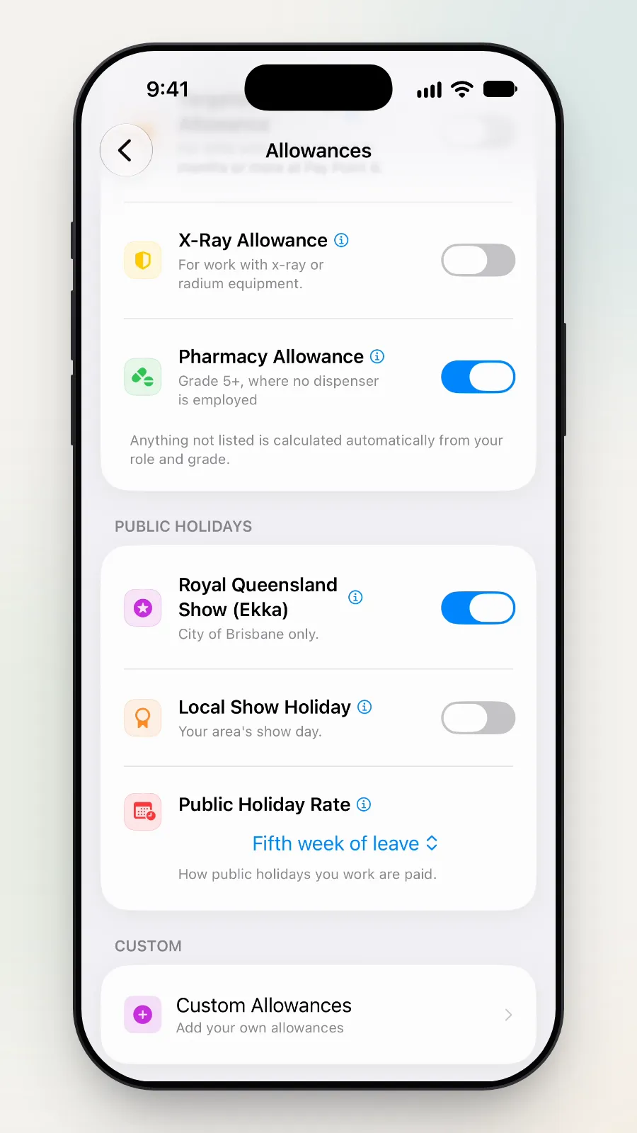The Public Holidays card: Royal Queensland Show (Ekka), Local Show Holiday and Public Holiday Rate.