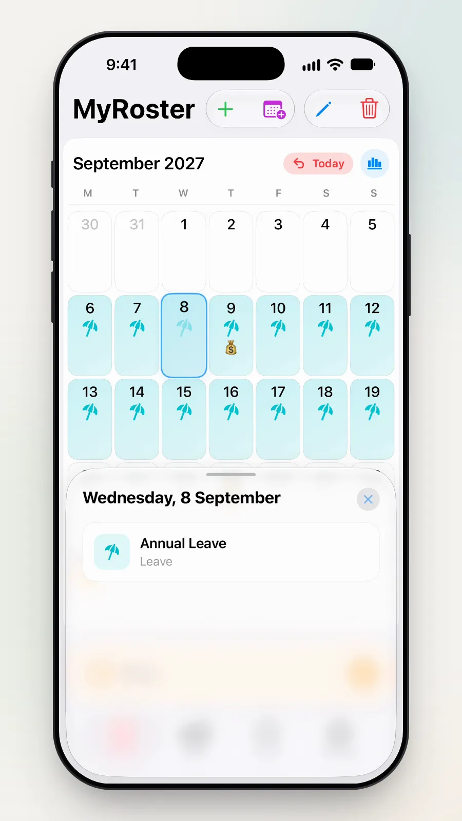 The small box for Wednesday 8 September: Annual Leave.