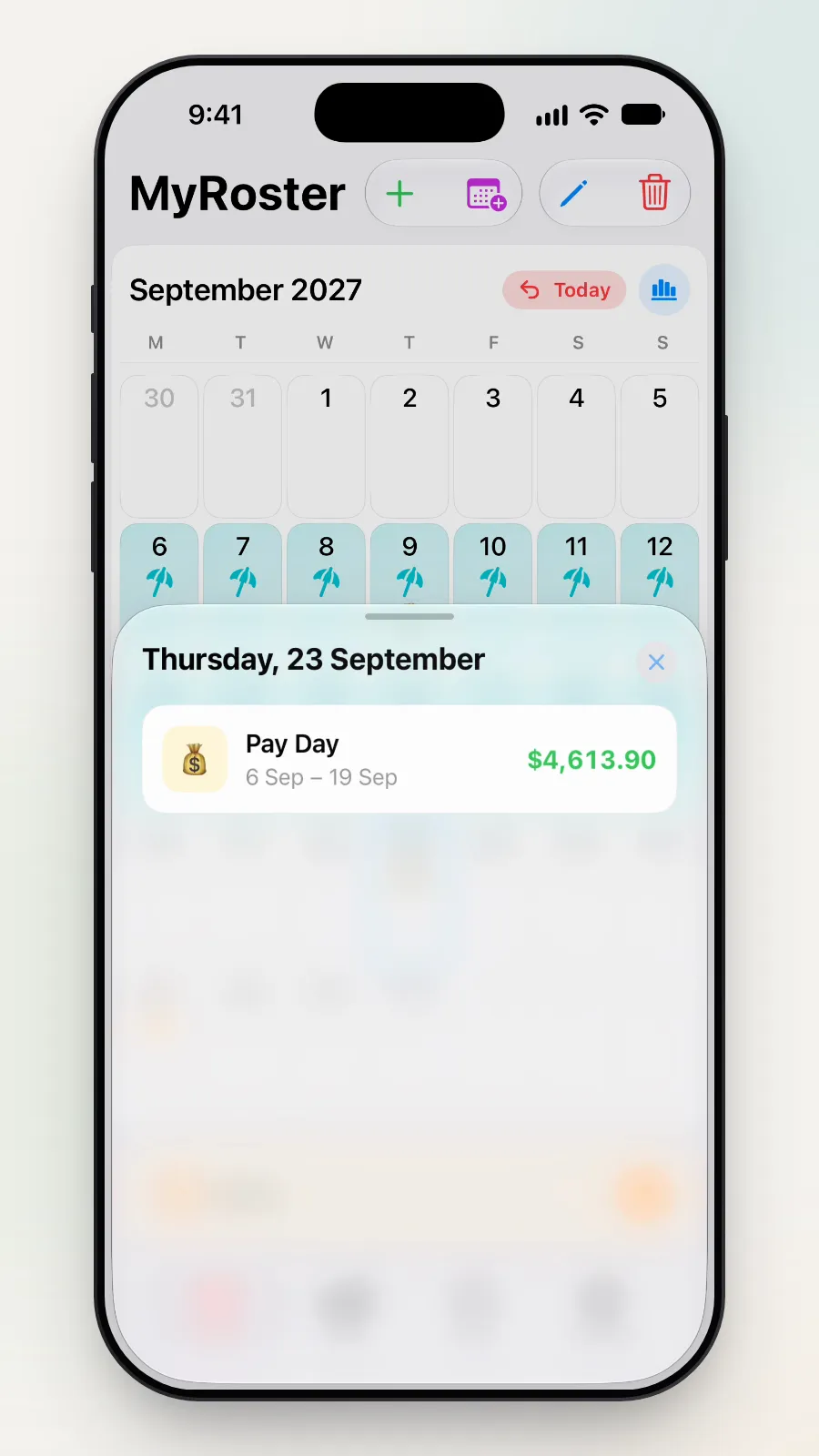 The small box for Thursday 23 September: Pay Day, 6 to 19 September, $4,613.90.