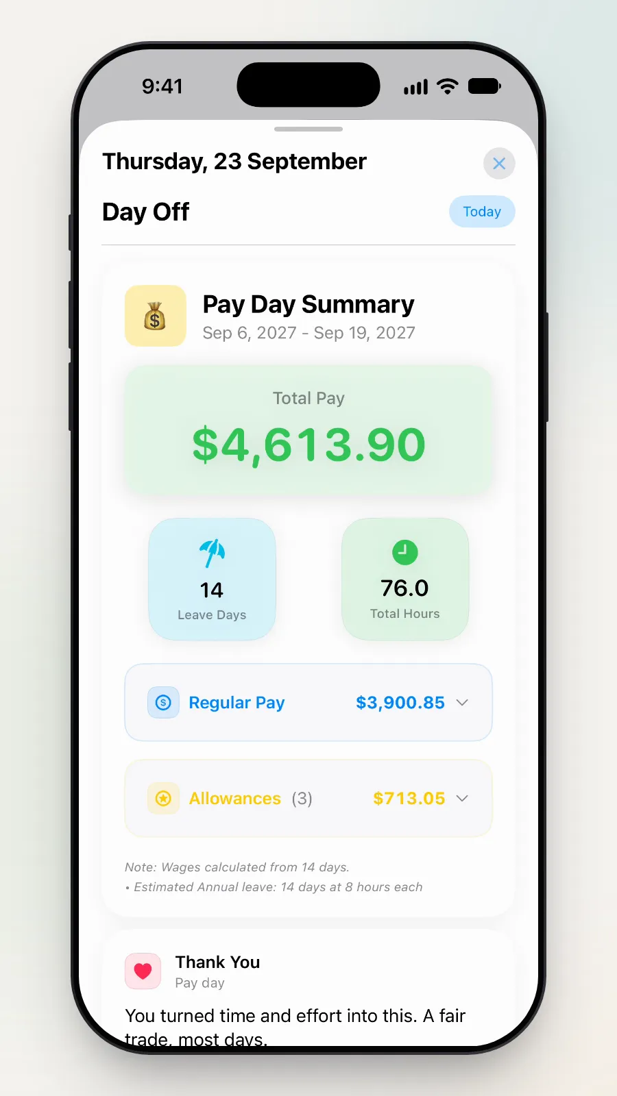 The Pay Day Summary: 14 Leave Days and 76.0 Total Hours.