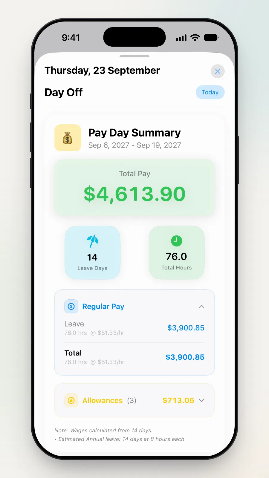Regular Pay open: Leave 76.0 hrs, $3,900.85.