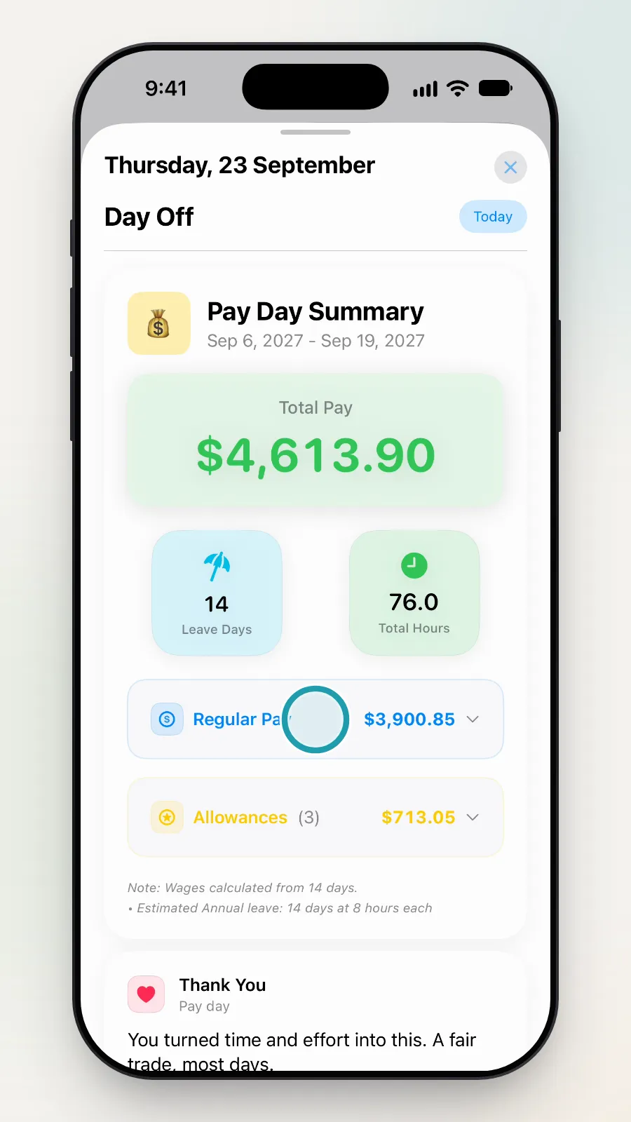 Regular Pay being tapped on the Pay Day Summary.