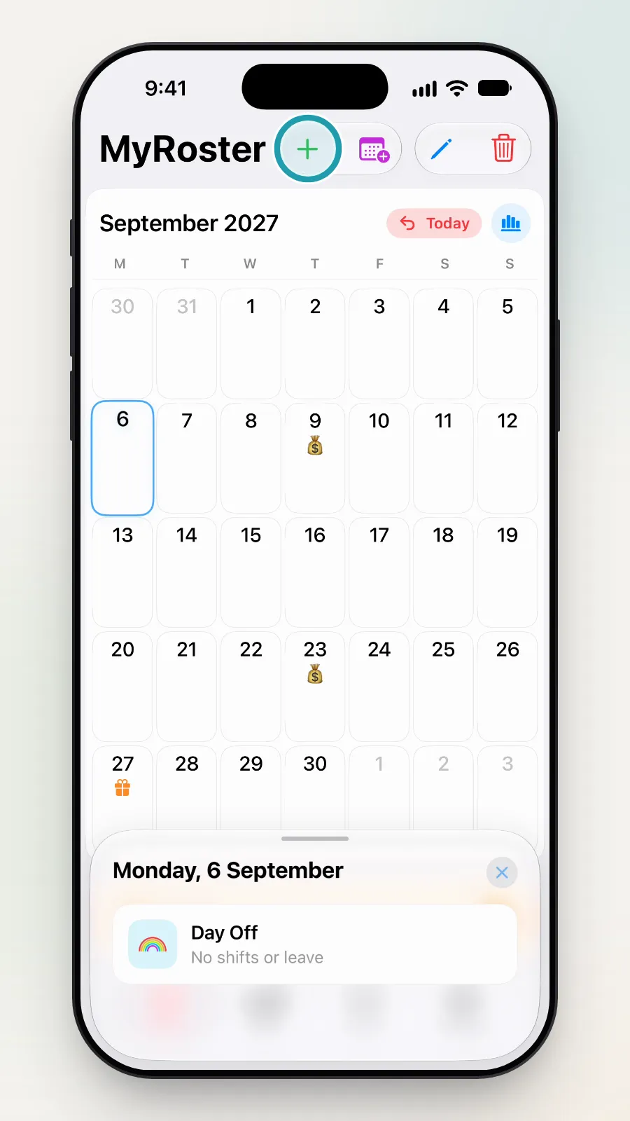 The plus button at the top being tapped, with a small box for Monday 6 September: Day Off.