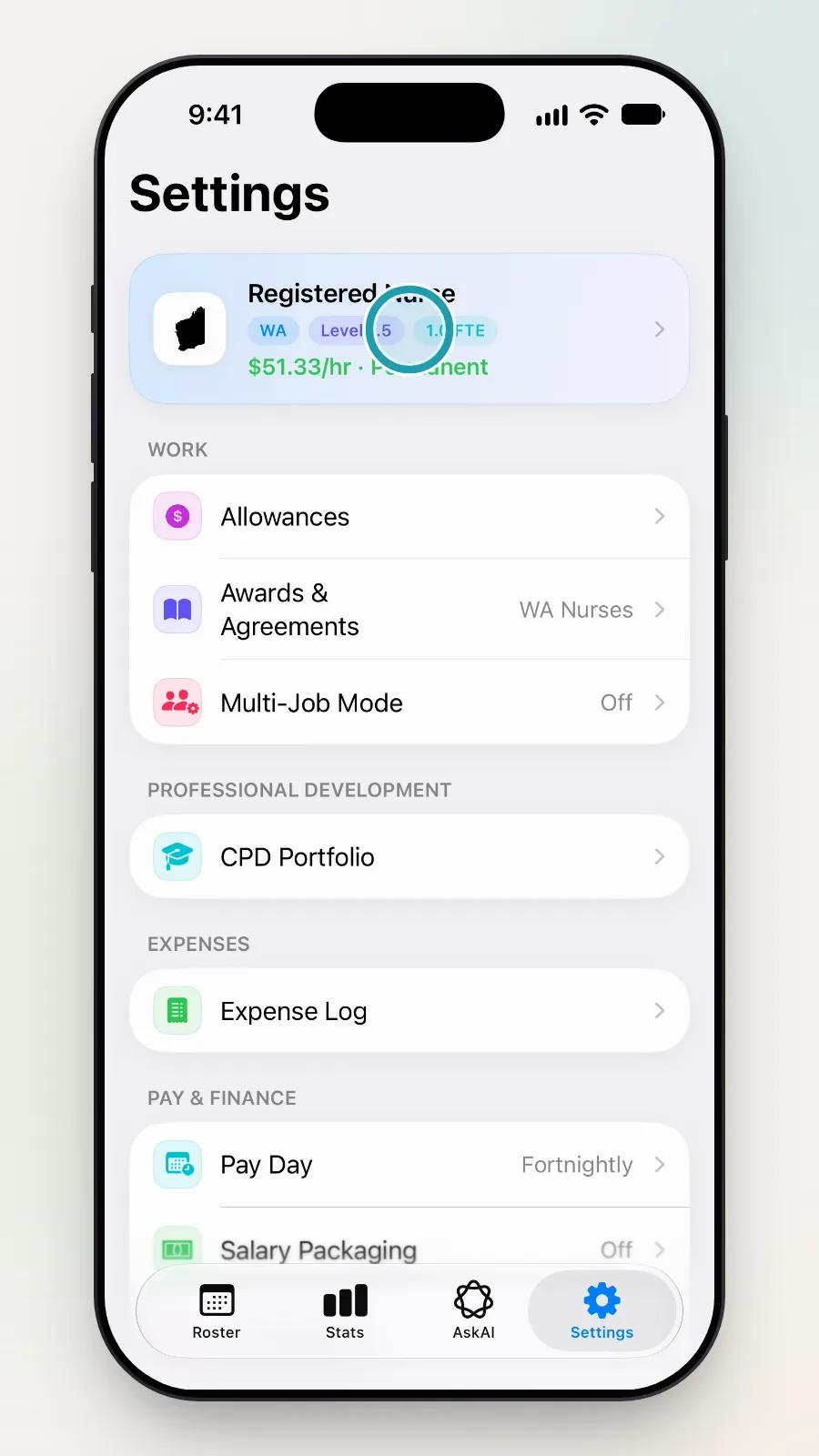 The job card at the top of Settings being tapped.