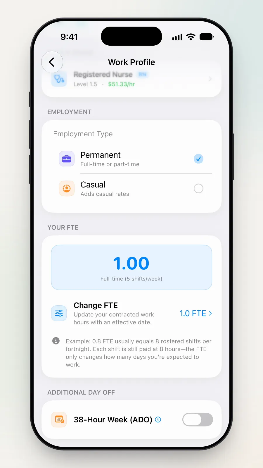 Your FTE: 1.00, Full-time, with Change FTE underneath.
