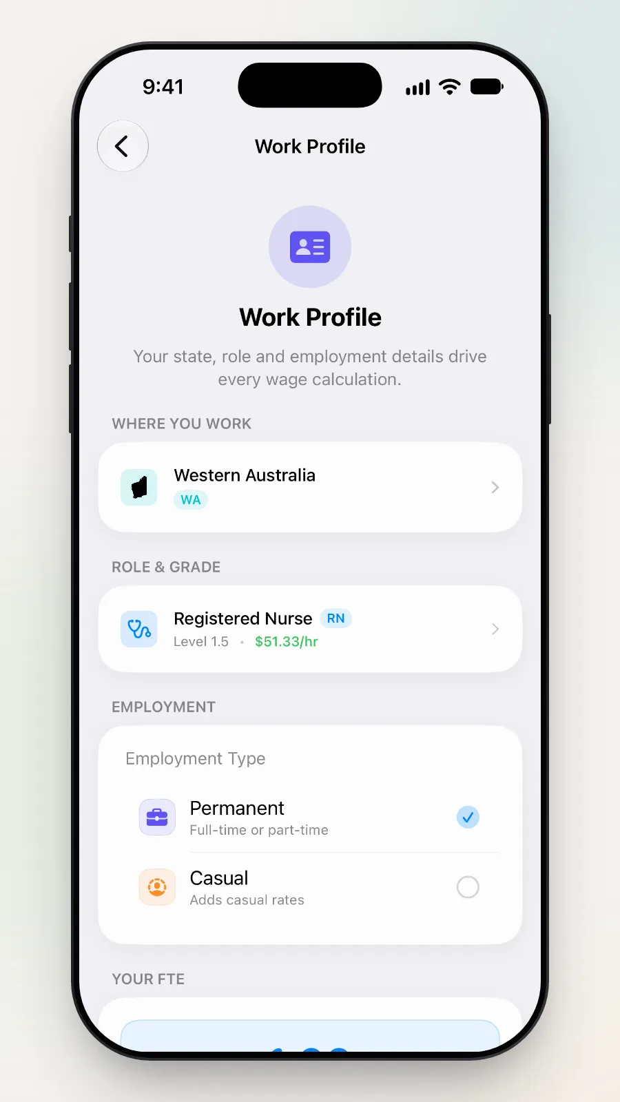 The Work Profile screen.