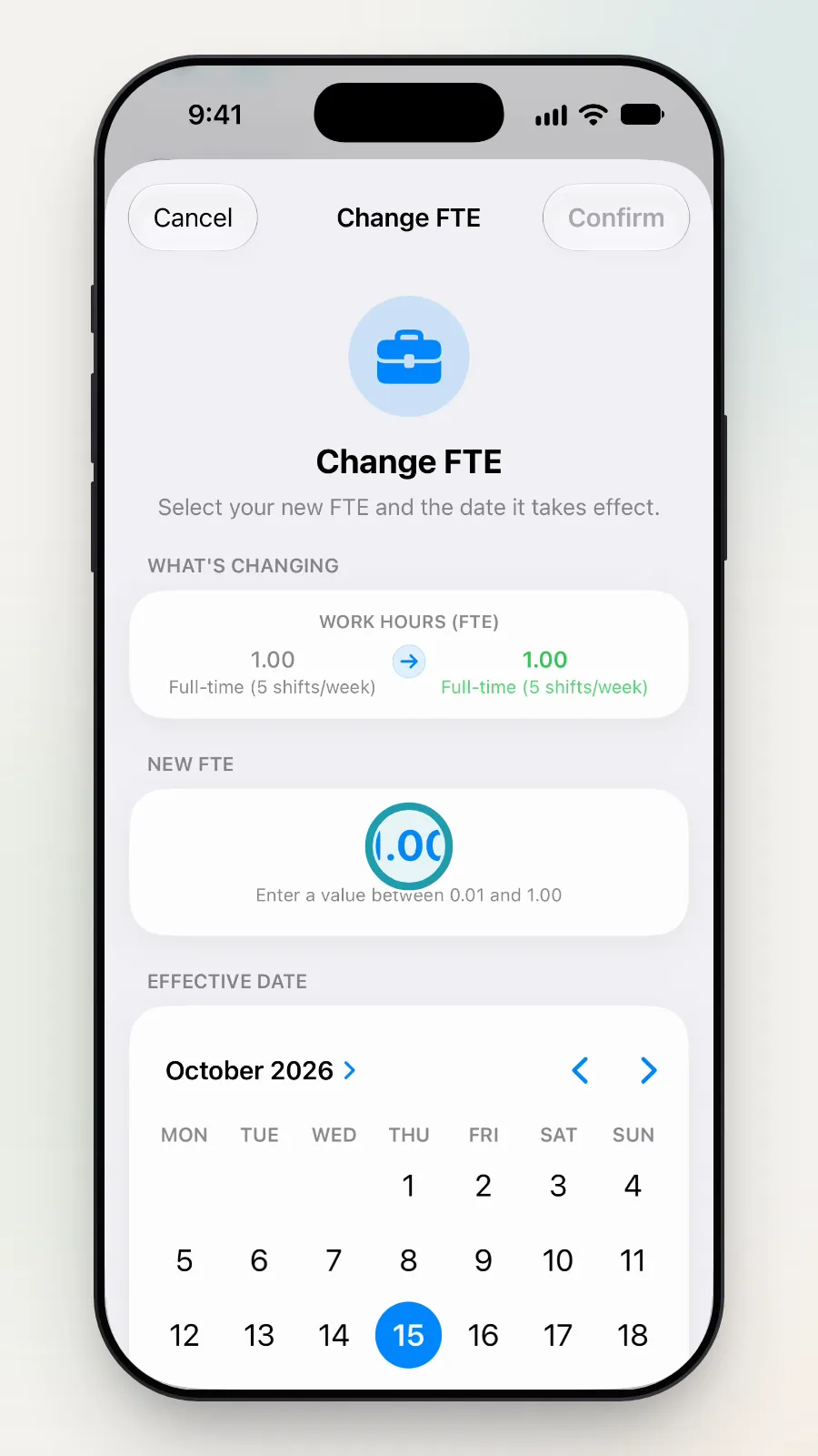 The Change FTE box with the number under New FTE being tapped.