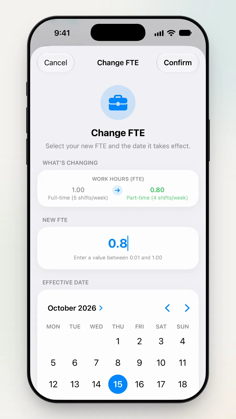 New FTE 0.8 with today kept as the Effective Date.