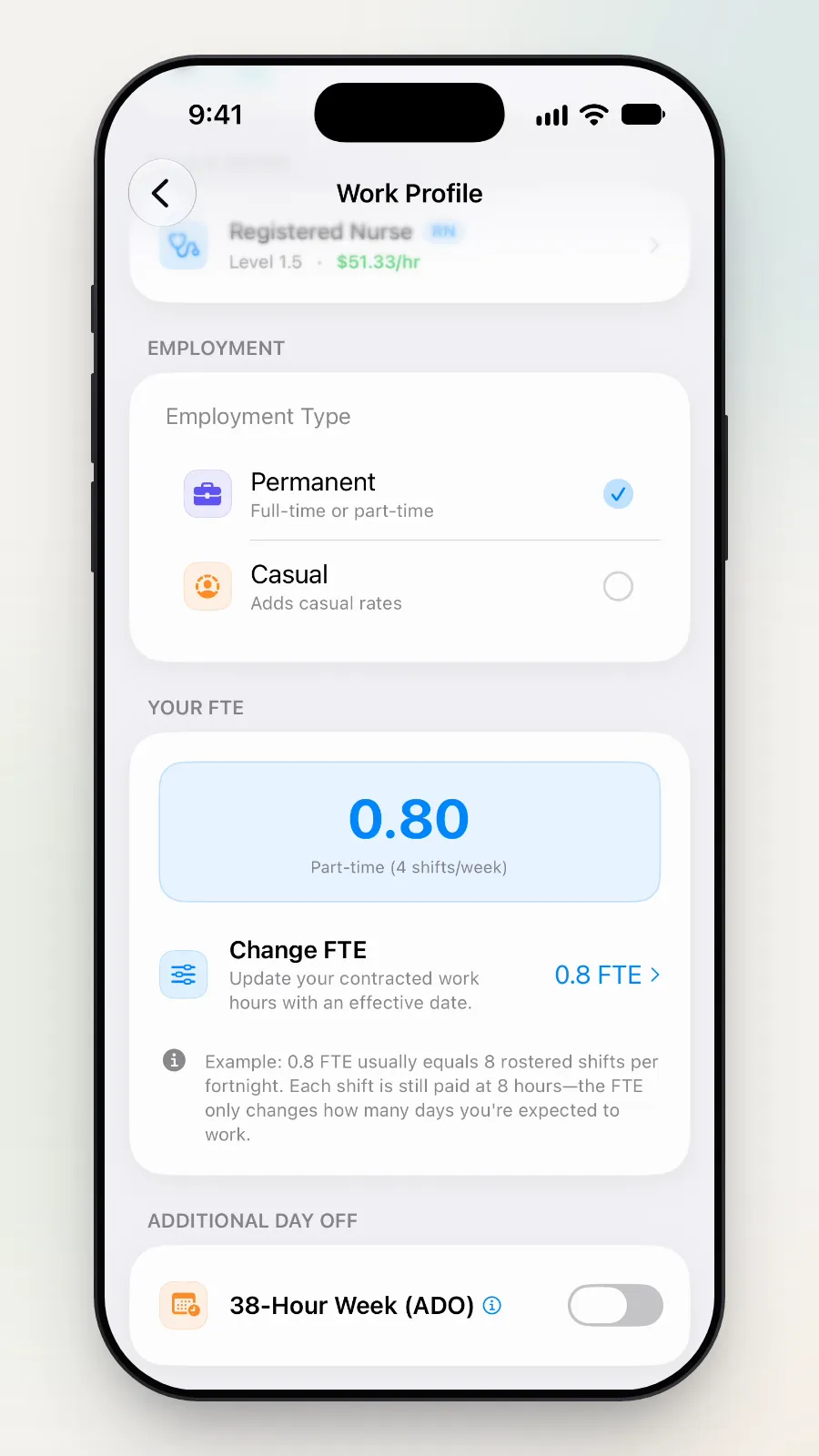 Your FTE now shows 0.80, Part-time.