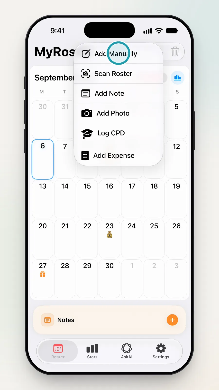 The add menu with Add Manually being tapped.