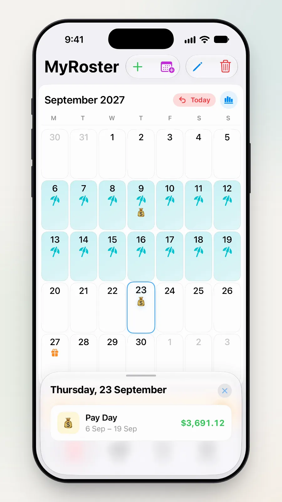 The small box for Thursday 23 September: Pay Day, $3,691.12.