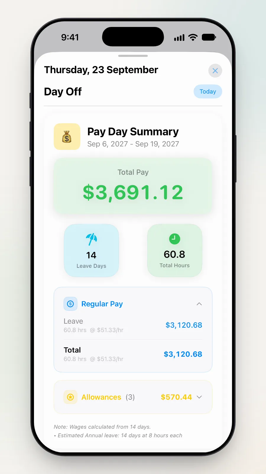 The Pay Day Summary with Leave 60.8 hrs.