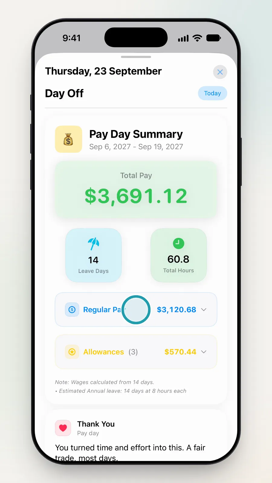 Regular Pay being tapped on the Pay Day Summary: 14 Leave Days, 60.8 Total Hours.