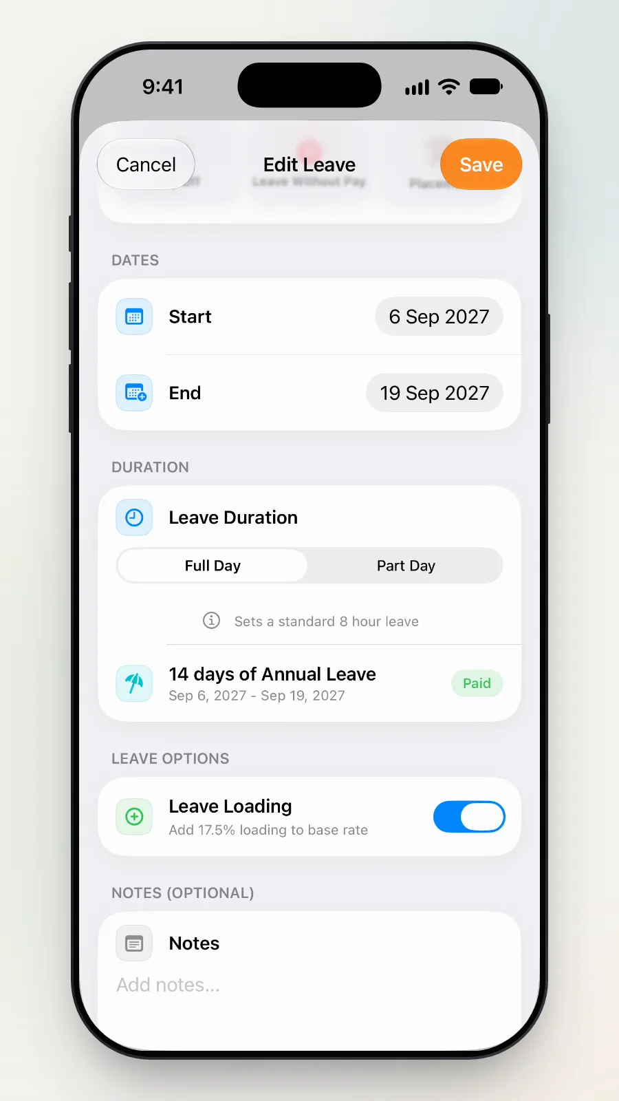 Edit Leave scrolled down: 14 days of Annual Leave and Leave Loading on.