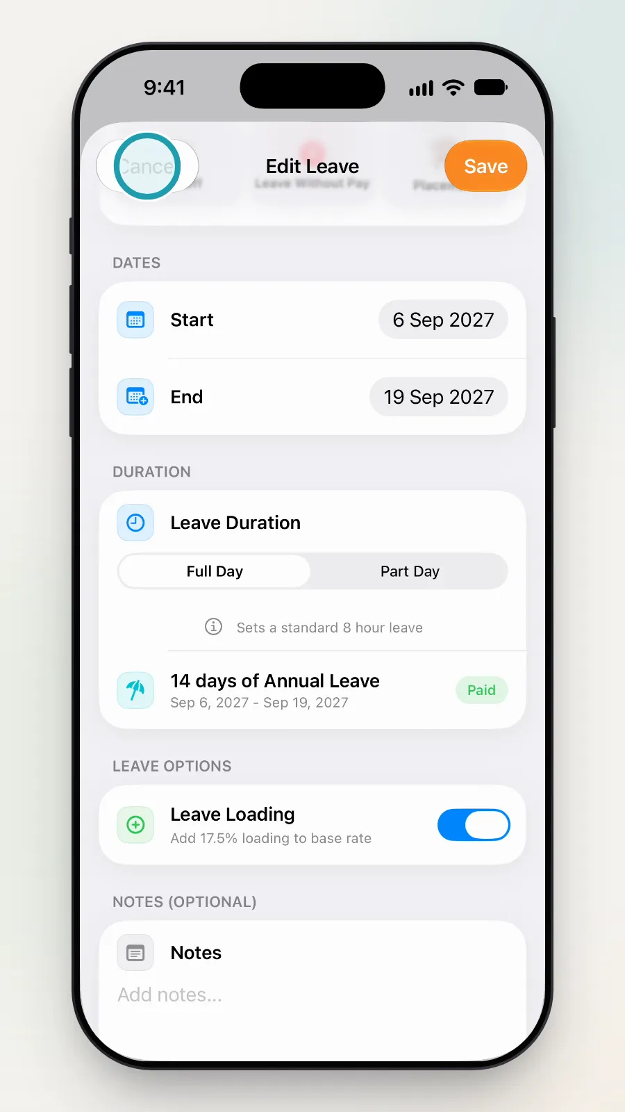 Cancel at the top left of Edit Leave being tapped.