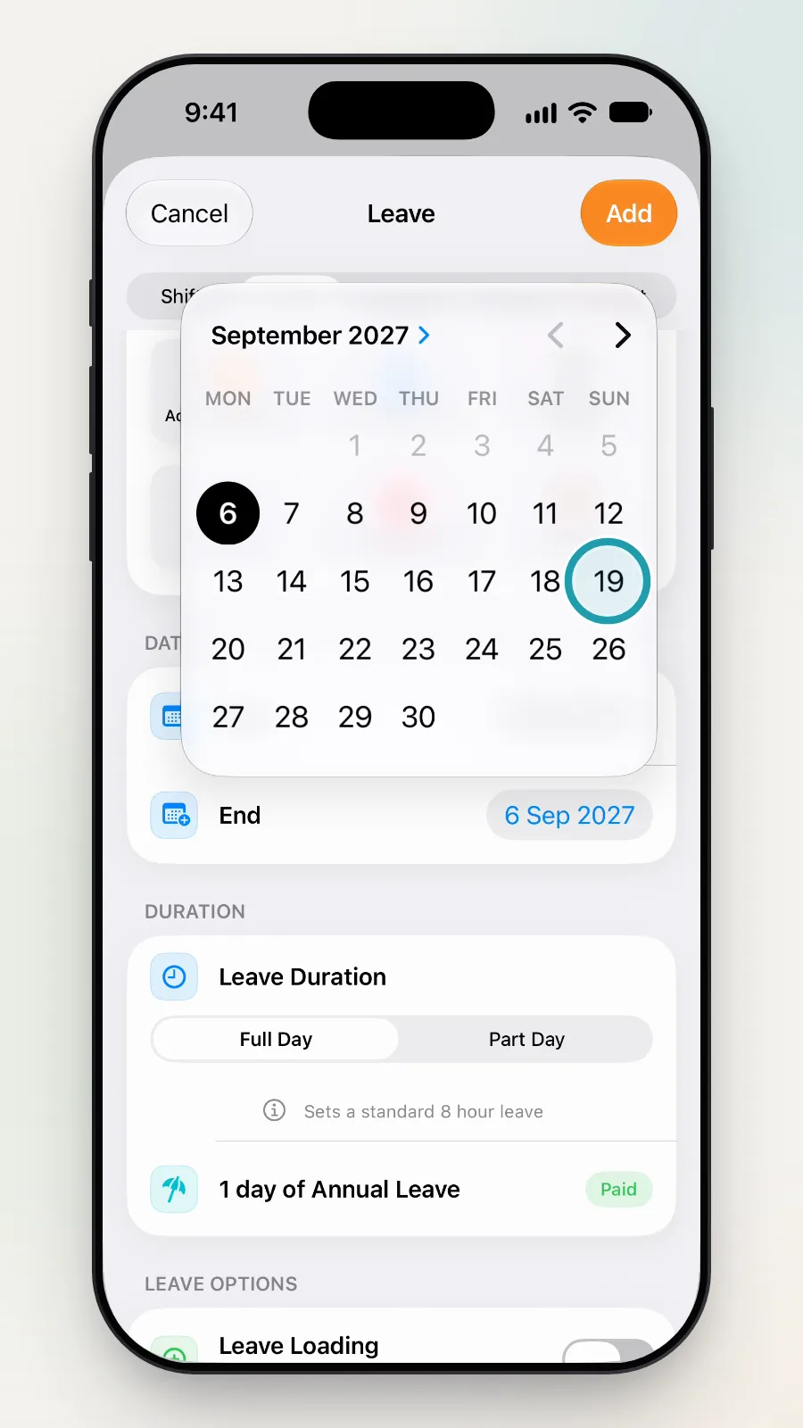 A September 2027 calendar with Sunday 19 being tapped.