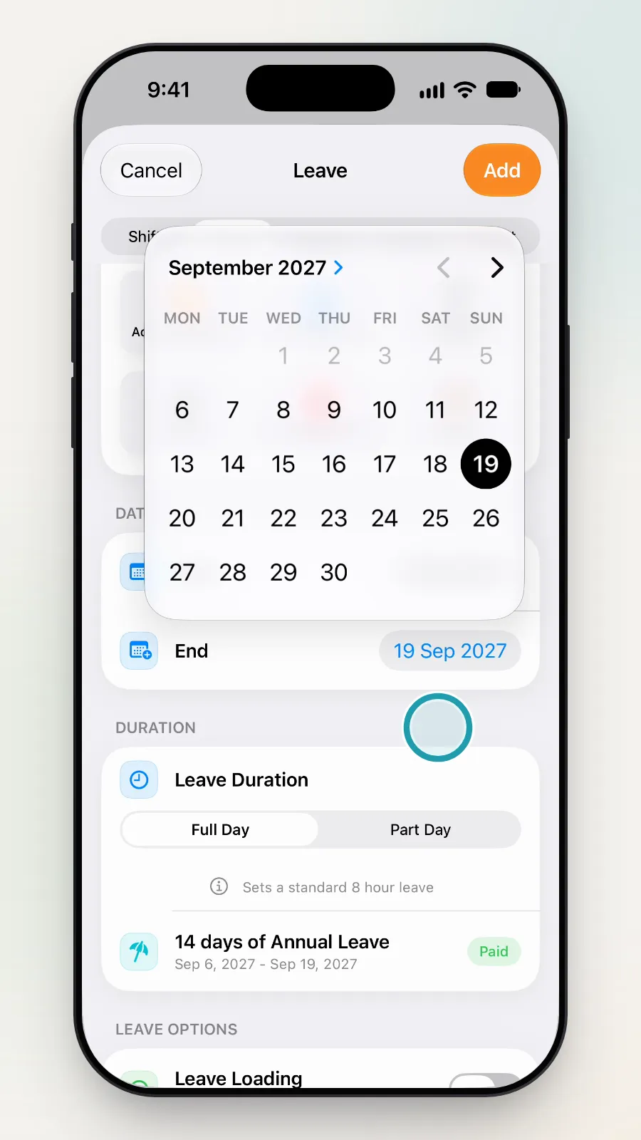 A tap outside the calendar to close it, with 19 September picked.