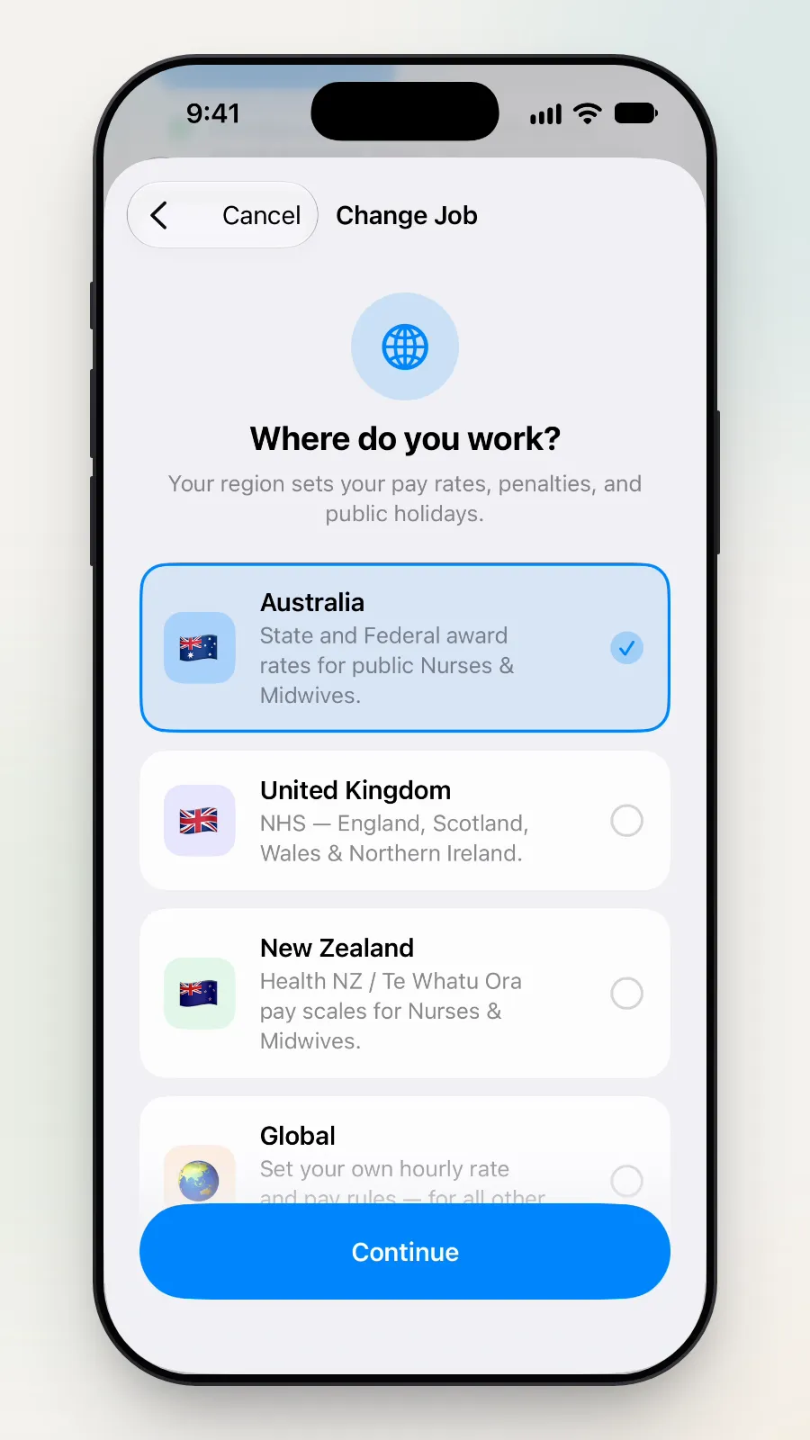 The "Where do you work?" page with Australia ticked.