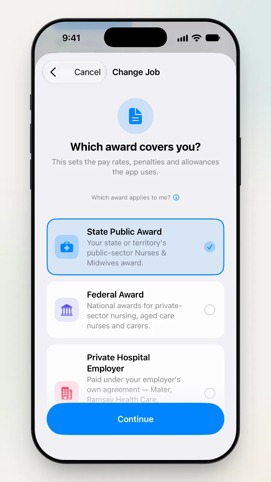 The "Which award covers you?" page with State Public Award ticked.