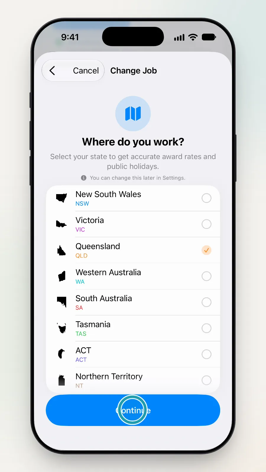 Queensland ticked and the Continue button being tapped.