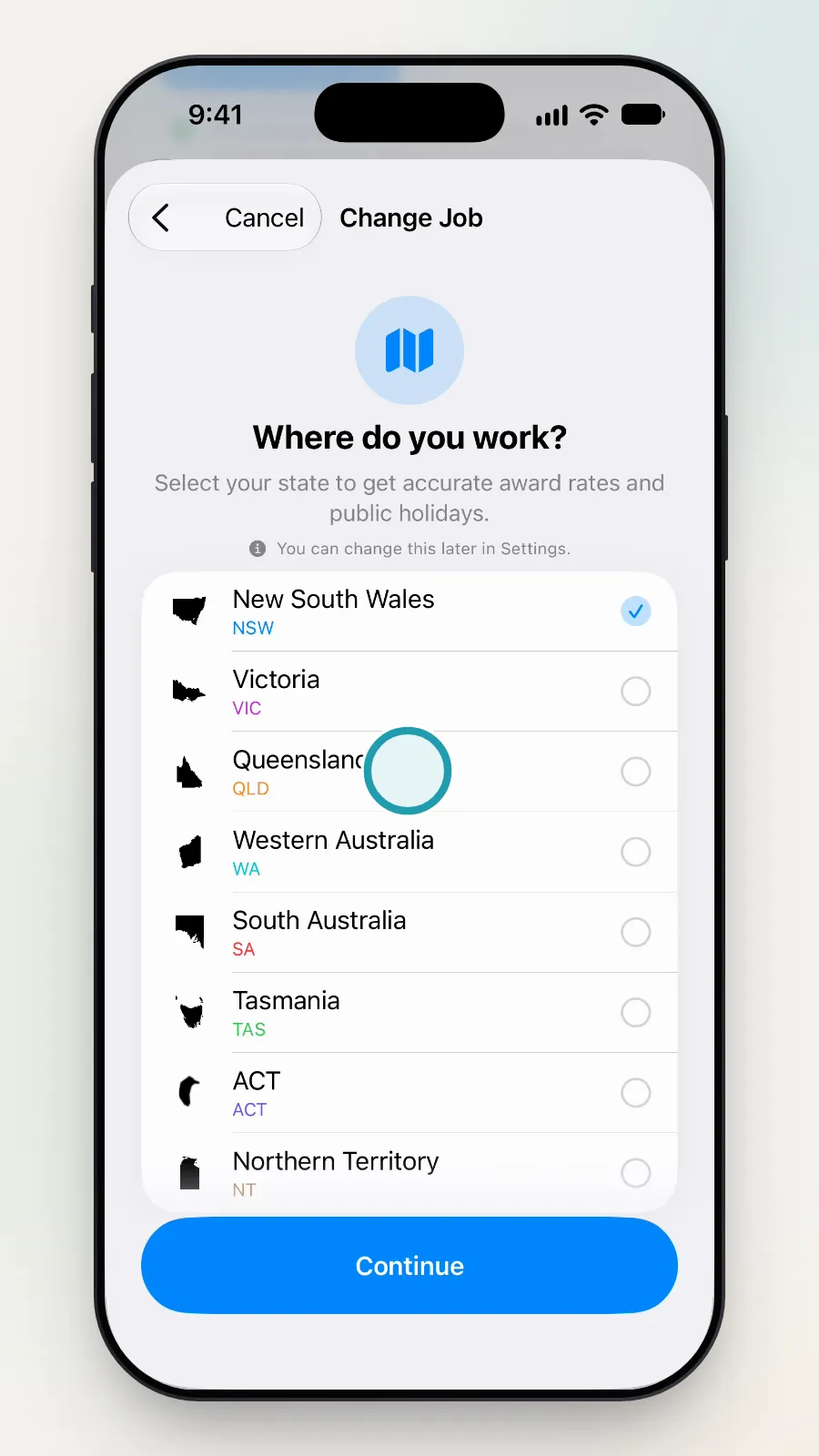 The list of states with Queensland being tapped.