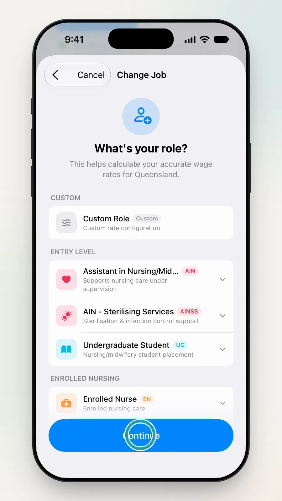 The role page again, with the Continue button being tapped.