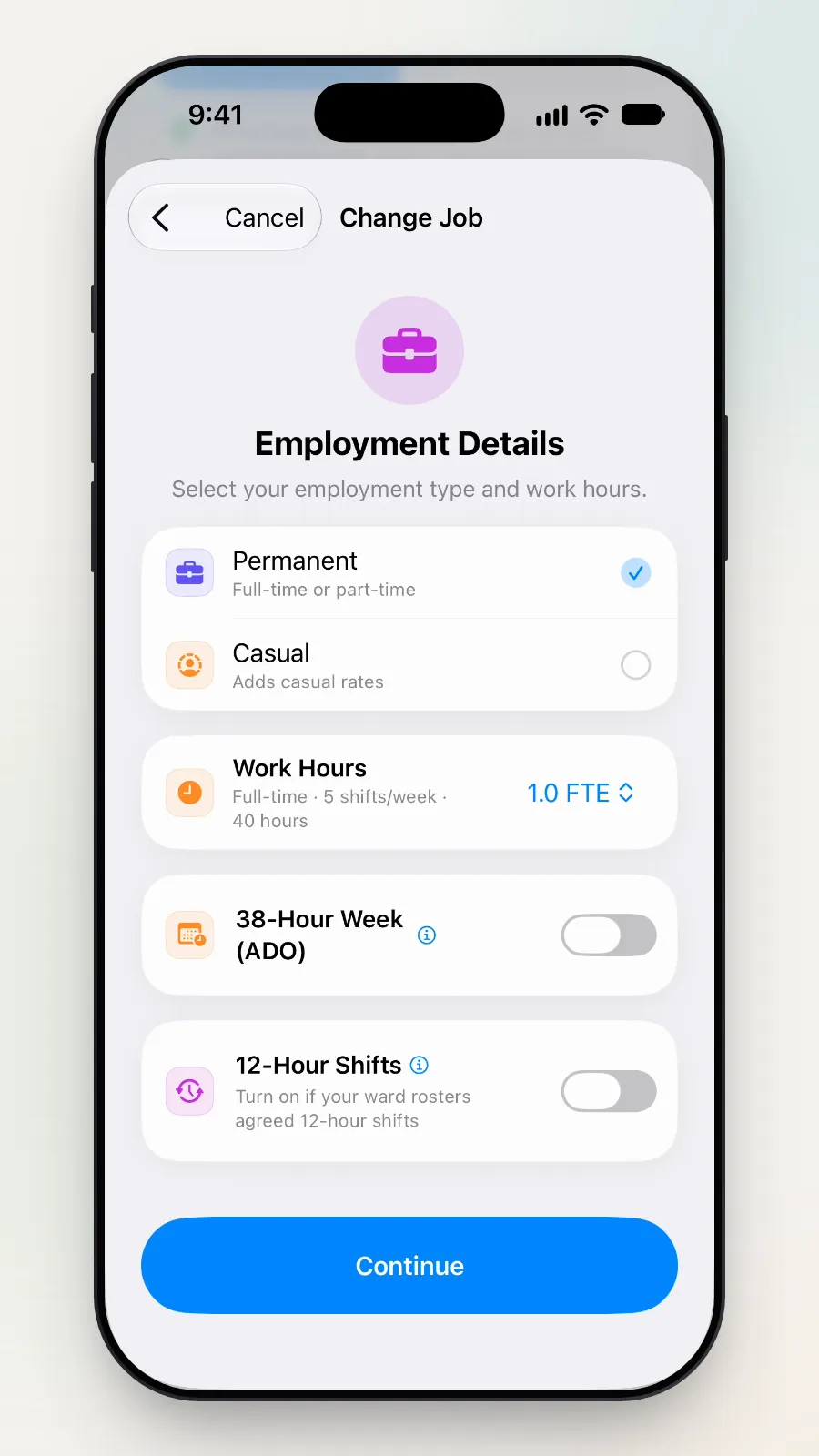 Employment Details, with Cancel at the top left of Change Job.