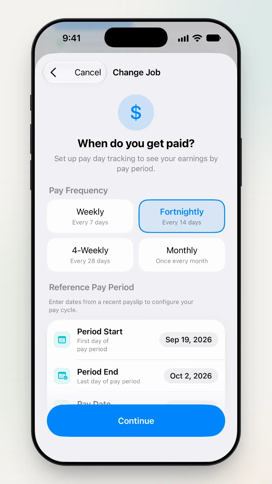 "When do you get paid?" with Fortnightly picked.
