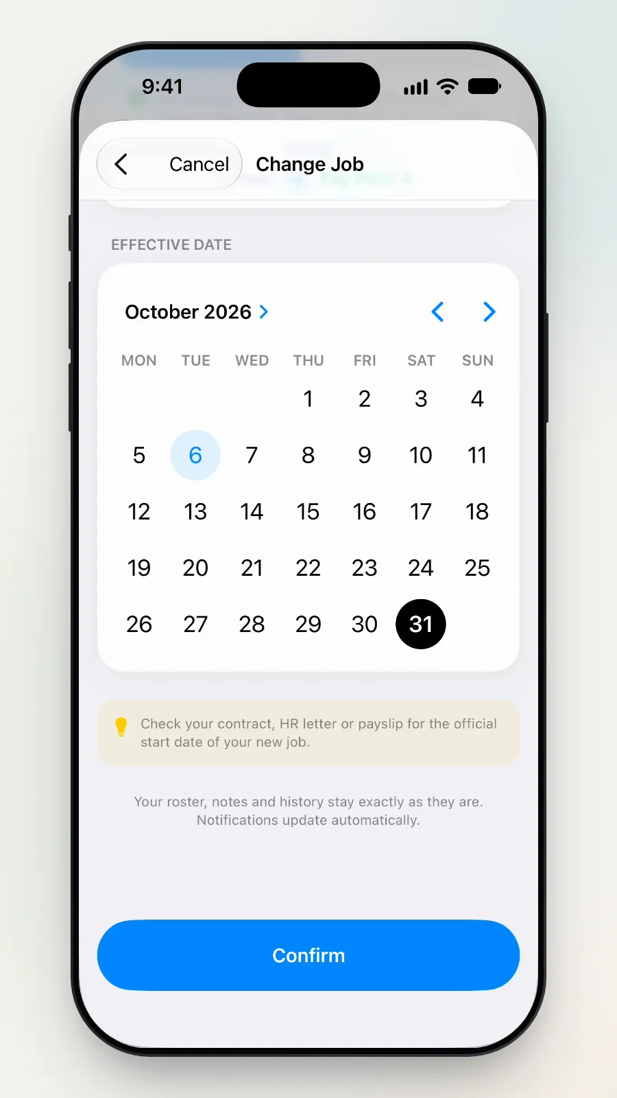 The calendar with 31 October picked and the warning gone.