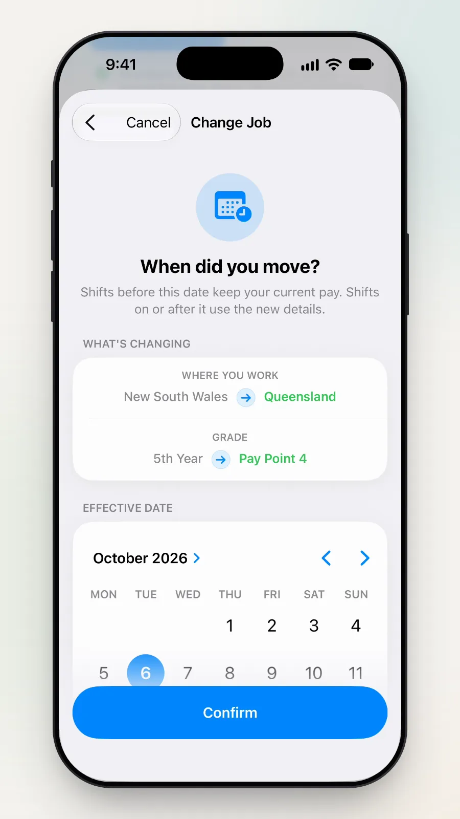 "When did you move?" showing New South Wales to Queensland and 5th Year to Pay Point 4.