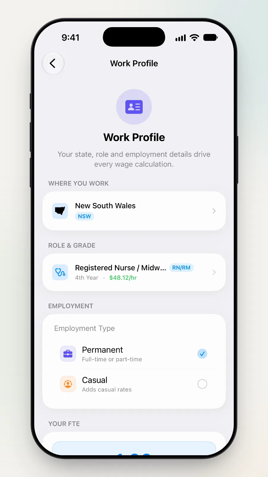 The Work Profile page showing Where You Work, Role & Grade and Employment.