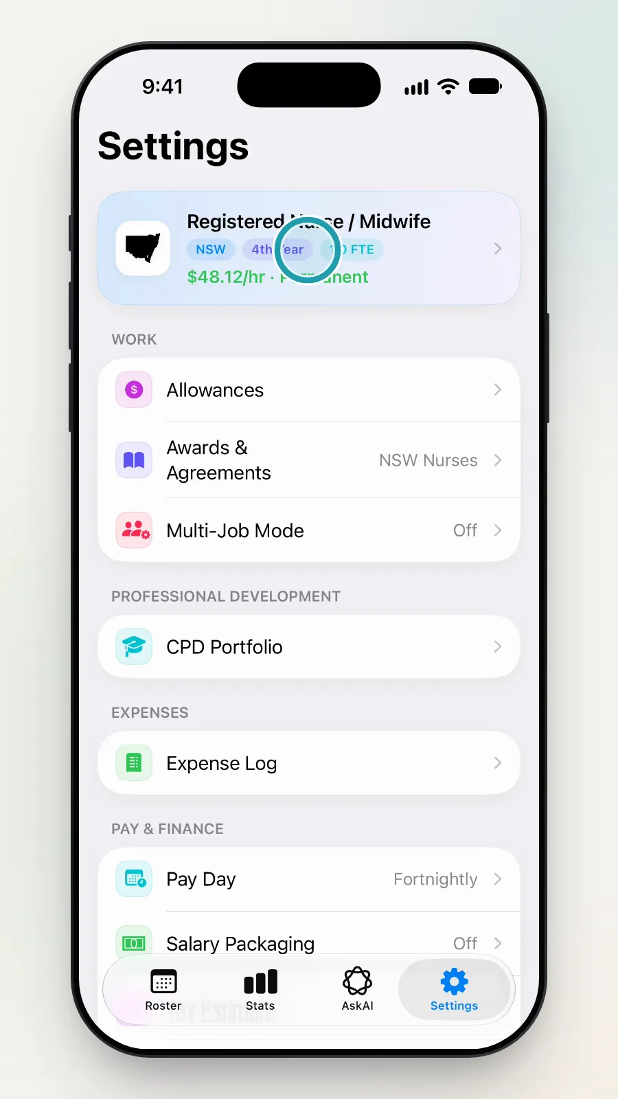 Settings with the job card at the top (Registered Nurse / Midwife, NSW, 4th Year) being tapped.