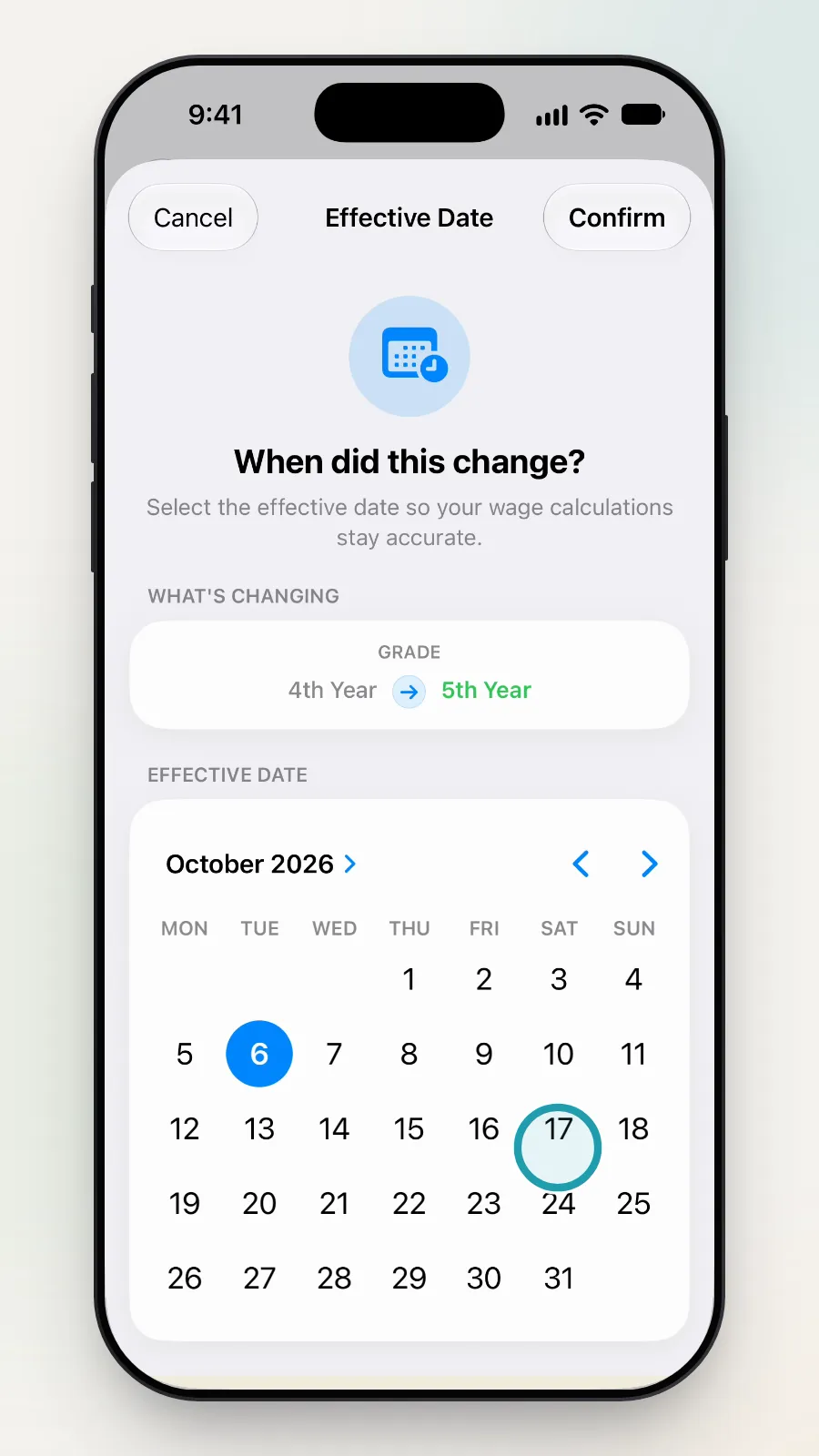 The October 2026 calendar with Saturday 17 October being tapped.
